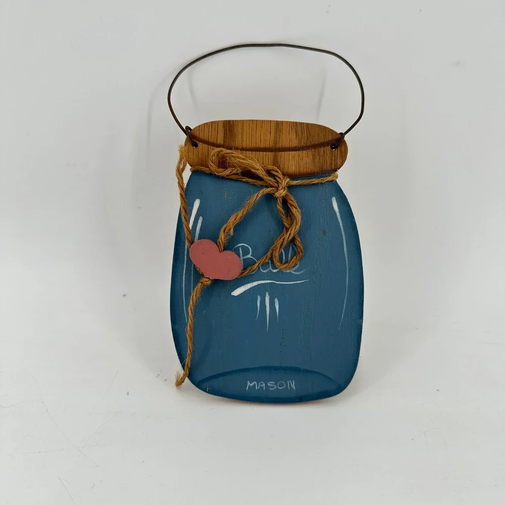 Hand Painted Wooden Mason Jar Wall Hanging Blue Rustic Farmhouse Decor Heart